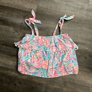 Lilly Pulitzer. Tropical Punch Benita Top. Pom Pom Fringe. Size M.